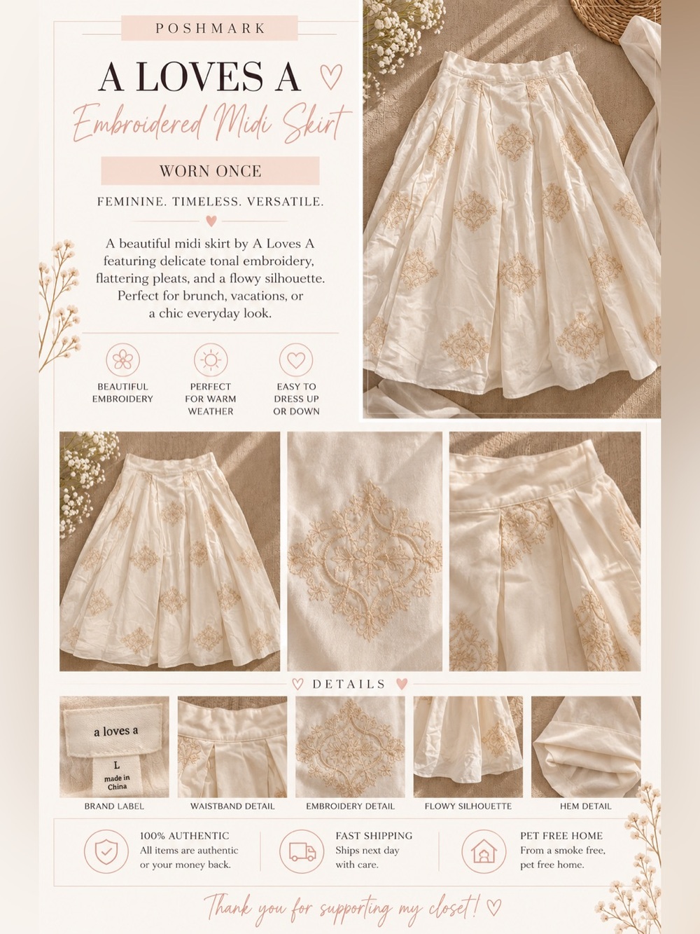 A Loves A Embroidered Midi Skirt - Cream with Gold Embroidery